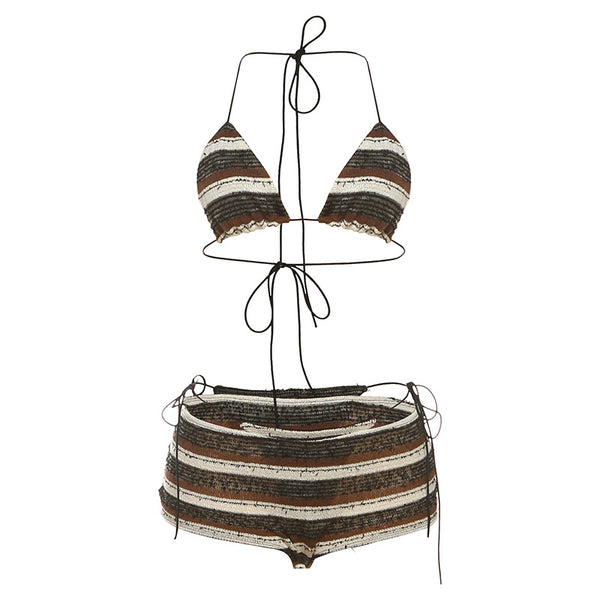 Women's fashion sexy halter lace-up striped bikini three-piece suit with brown, black, and white stripes. - Image 6