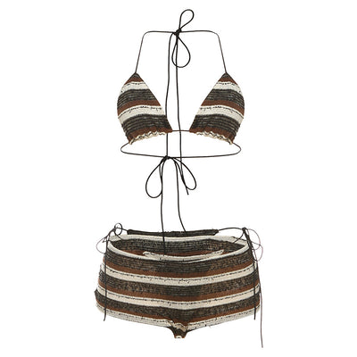 Women's fashion sexy halter lace-up striped bikini three-piece suit with brown, black, and white stripes. - Image 6