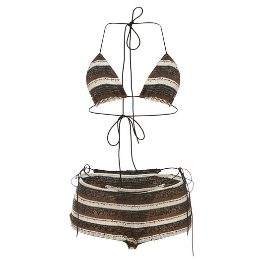 Women's fashion sexy halter lace-up striped bikini three-piece suit with brown, black, and white stripes. - Image 6