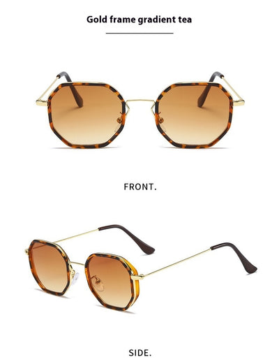 Men's personalized polygon sunglasses with black and gold frame and purple gradient UV resistant lenses. - Image 13