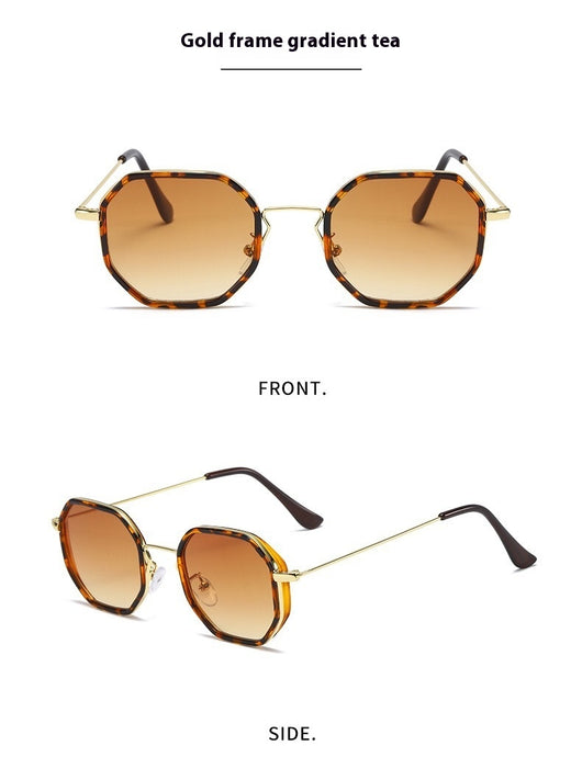 Men's personalized polygon sunglasses with black and gold frame and purple gradient UV resistant lenses. - Image 13