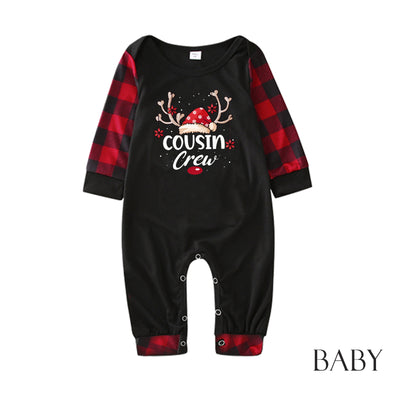Kids' black and red buffalo plaid Christmas pajamas with 'Cousin Crew' graphic and reindeer antlers. - Image 10