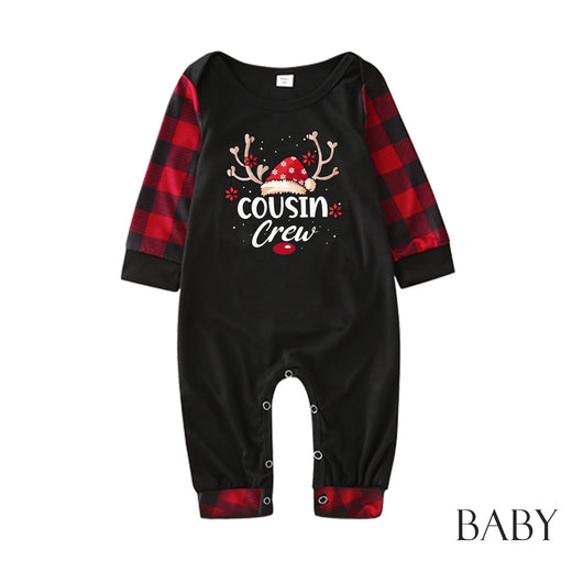 Kids' black and red buffalo plaid Christmas pajamas with 'Cousin Crew' graphic and reindeer antlers. - Image 10