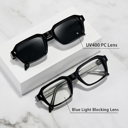 Black square-frame sunglasses with dark lenses and small silver diamond accents on the temples.