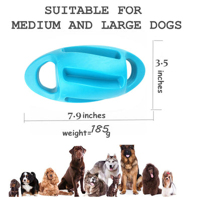 Blue TPE dog toy with an oval shape, two handles, and ridges, designed for vocal play and floating in water. - Image 6