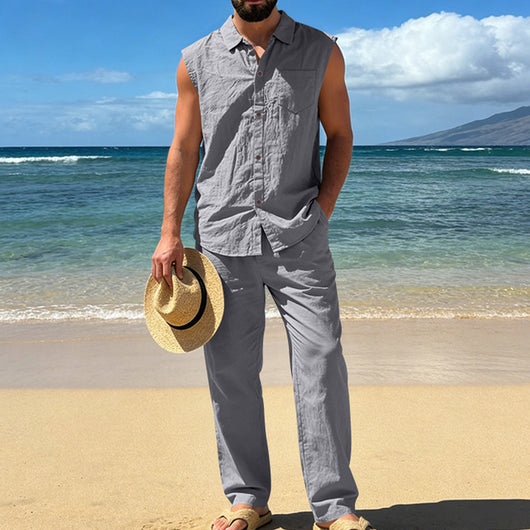 Conjunto de Lino Holgado para Hombre: Camisa sin Mangas y Pantalón Recto - Image 3