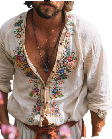 Camisa Casual Retro Hombre Cuello Abierto con Bordados - Image 16
