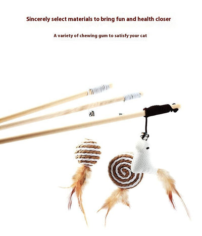 Cat teaser toy with a long wooden pole, a striped ball, brown feathers, and a small bell. - Image 15