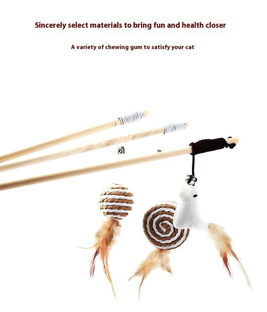 Cat teaser toy with a long wooden pole, a striped ball, brown feathers, and a small bell. - Image 15