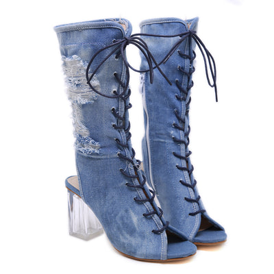 Botas Denim de Tacón Grueso con Punta Abierta y Tira Ajustable - Image 11