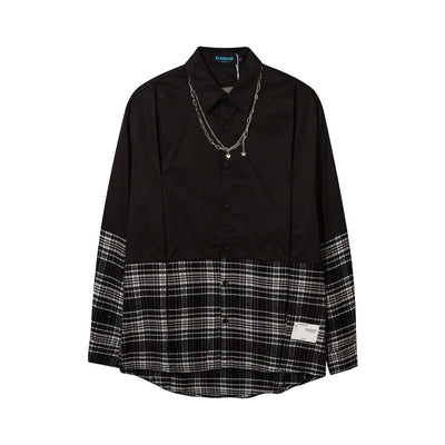 Camisa Manga Larga Cuadros Patchwork con Cadena para Hombre - Image 3