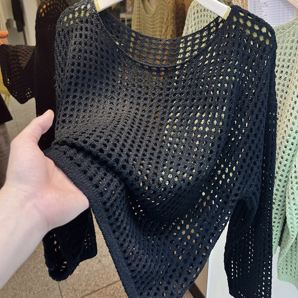 Blusa de Malla Calada Cuello Redondo Manga Larga