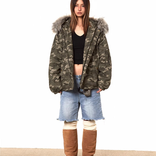 Chaqueta de Algodón Camuflada con Capucha y Cuello de Piel Desmontable
