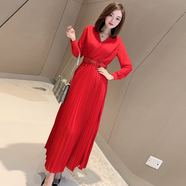 Vestido Elegante Cuello V con Falda Plisada Larga para Mujer