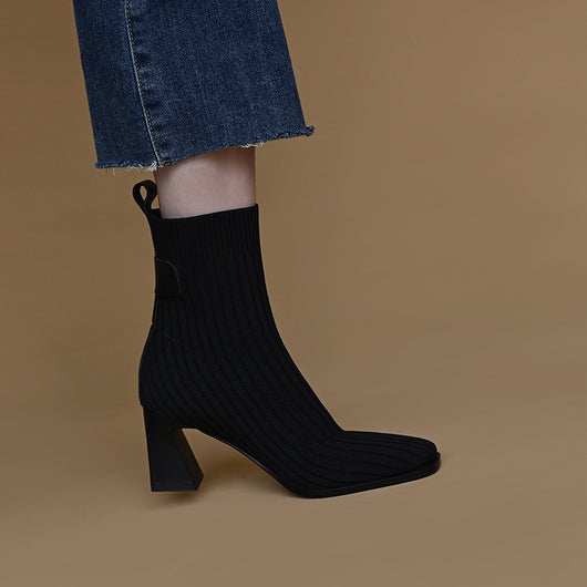 Botas Tejidas de Punta Cuadrada con Tacón Robusto y Caña Elástica - Image 3