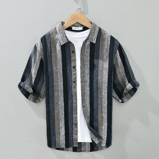 Camisa de Lino Teñida Vintage para Hombre con Rayas Contrastantes y Manga Corta