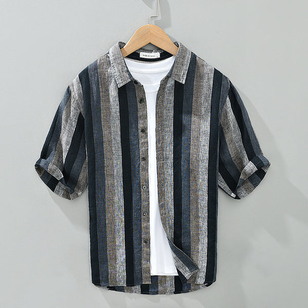 Camisa de Lino Teñida Vintage para Hombre con Rayas Contrastantes y Manga Corta