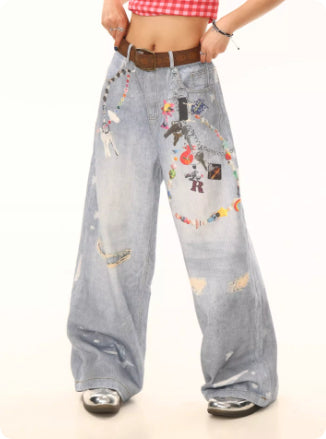 Jeans Holgados Estilo Americano con Estampado de Cadena para Mujer - Image 10