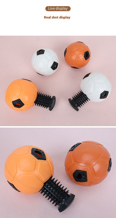 White and black dog toy with a soccer ball base and a textured rod for nibbling and teeth grinding. - Image 18