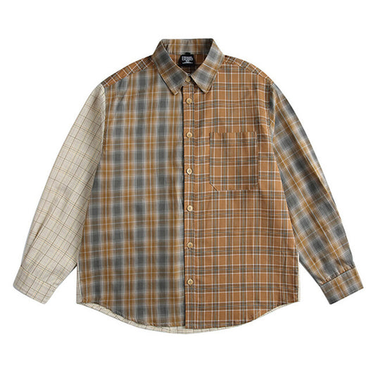 Camisa de Manga Larga Estilo Retro Americano con Costuras Irregulares y Cuadros Contrastados - Image 6