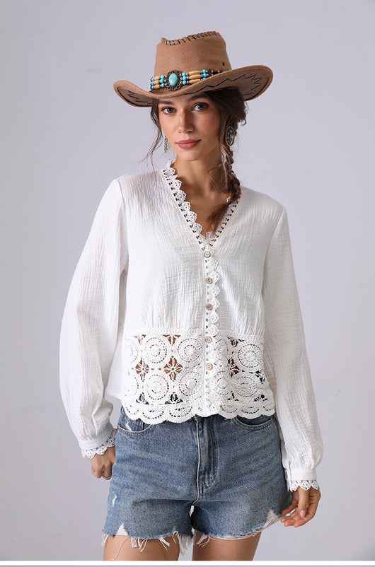 Blusa Suelta de Encaje Hueco Francés para Mujer - Image 11