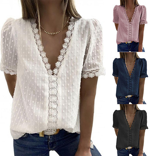 Blusa Escote V Manga Corta Jacquard Liso para Mujer - Colección Verano