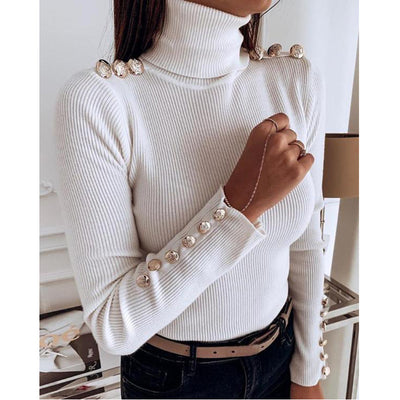 Blusa Básica de Cuello Alto con Botones - Colores Sólidos - Image 2