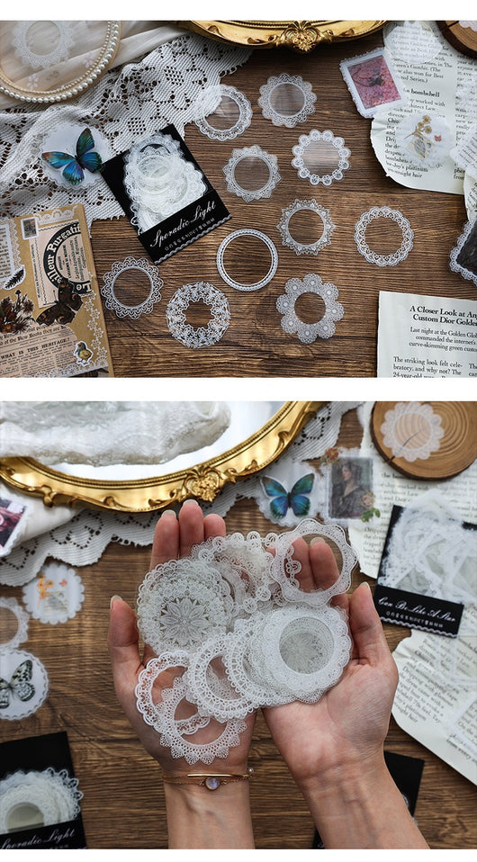 Set of 15 white lace-patterned circular stickers with intricate designs, labeled "North Star Arch" and "30 sheets." - Image 22