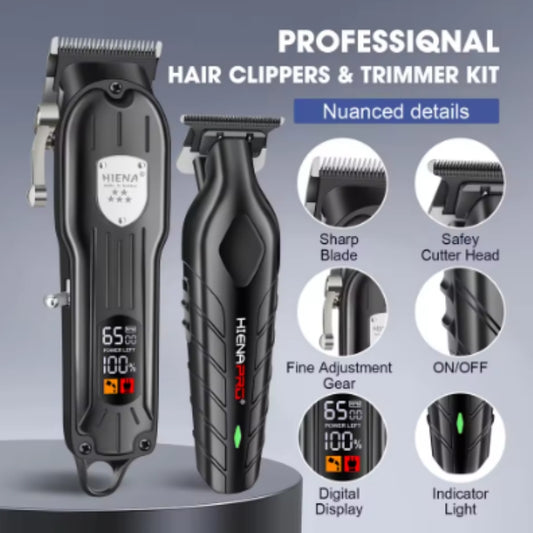 Professional hair clipper set featuring a larger black clipper with an LCD display and a smaller black trimmer, with dimensions.
