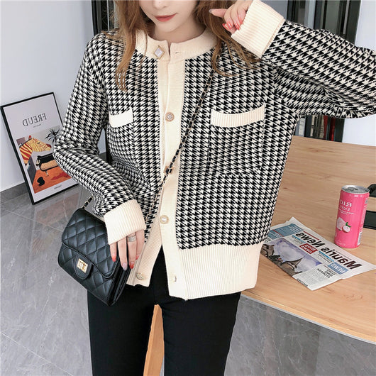 Cardigan Houndstooth Coreano Suelto Cuello Redondo Aroma Delicado - Image 4
