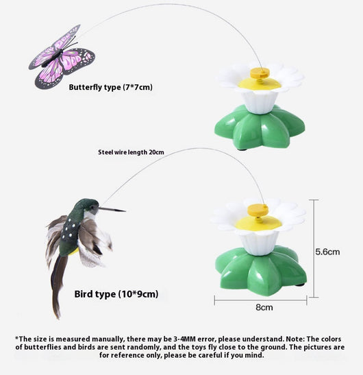 Automatic cat teaser toy with an electric rotating bird on a steel wire, attached to a green and white flower base. - Image 8