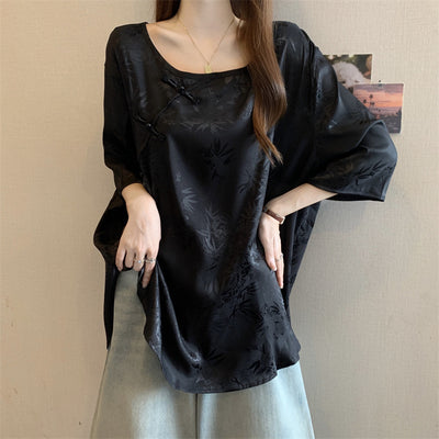 Blusa Vintage con Jacquard y Botones Estilo Chino - Image 4