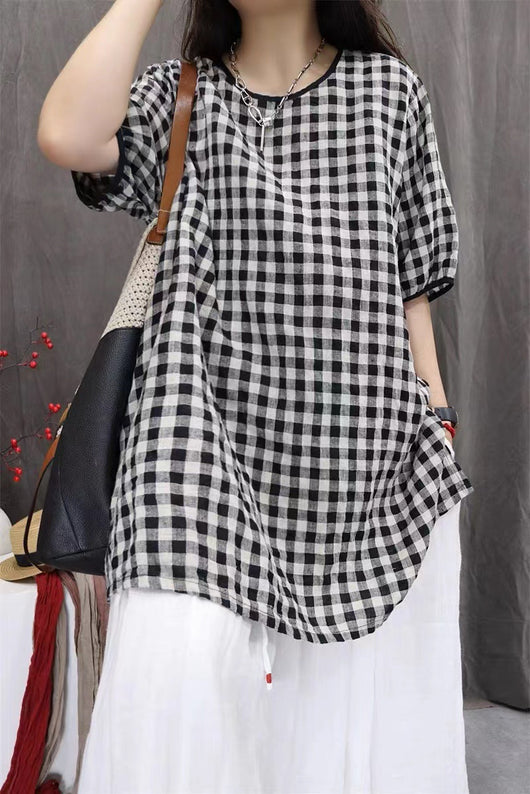 Camisa Cuadros Oversize Artística de Manga Tres Cuartos Estilo Vintage - Image 9