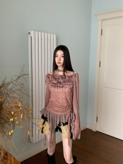 Blusa Tejida con Cuello Volante y Estampado Graffiti Hueco para Mujer - Image 19