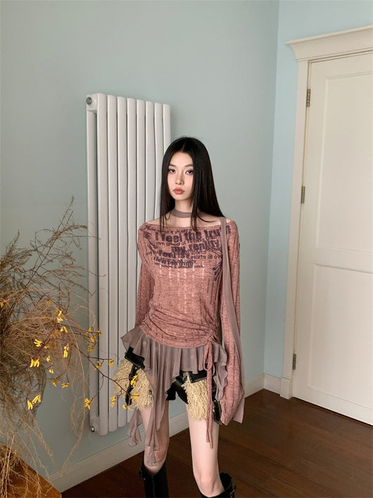 Blusa Tejida con Cuello Volante y Estampado Graffiti Hueco para Mujer - Image 19