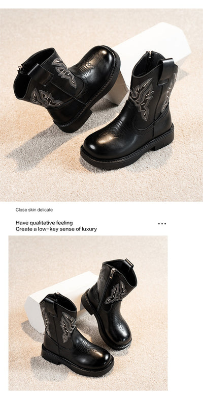Girls' brown Martin boots with white ethnic embroidery, side zippers, and black soles, displayed on a light carpet. - Image 14