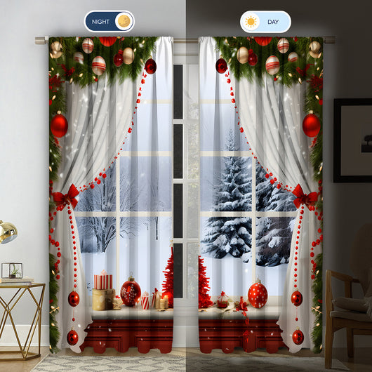 Christmas curtain with a snowy village scene, Santa Claus, flying reindeer, and piles of wrapped gifts. - Image 32