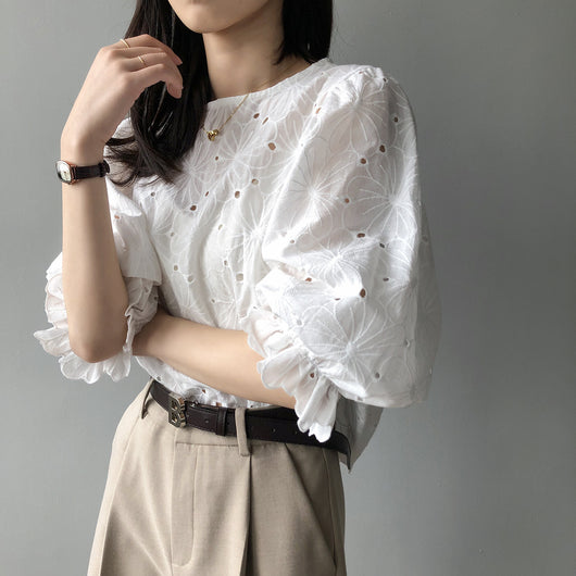 Blusa Coreana Elegante con Cuello Redondo y Mangas Abullonadas - Image 6