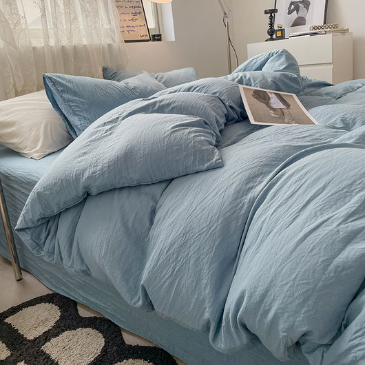 Juego de Cama 4 Piezas Algodón Lavado Efecto Arena Color Sólido