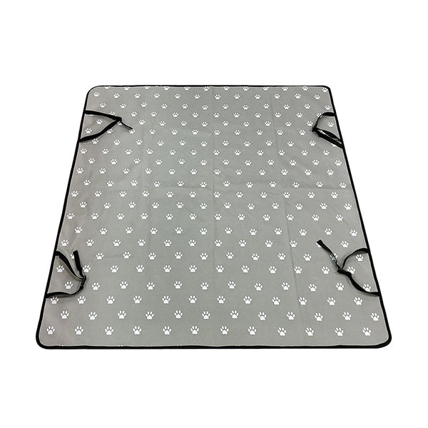 Pink car pet mat with white paw print and bone patterns, featuring black straps for securing to a rear seat. - Image 6