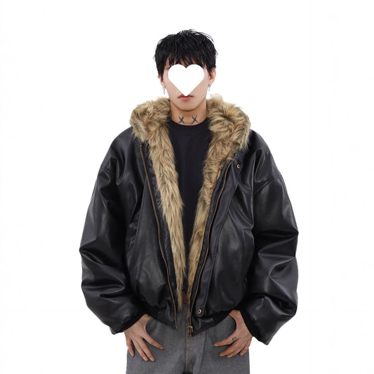 Chaqueta Reversible de Cuero y Piel Forrada en Polar para Hombre - Invierno