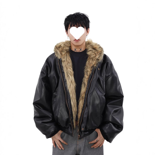Chaqueta Reversible de Cuero y Piel Forrada en Polar para Hombre - Invierno