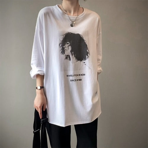 Playera Suelta Coreana Estampada de Manga Larga - Estilo Relajado