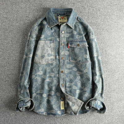 Camisa Denim Retro Lujo Suave con Patrón Paisley - Manga Larga Estilo Americano - Image 3