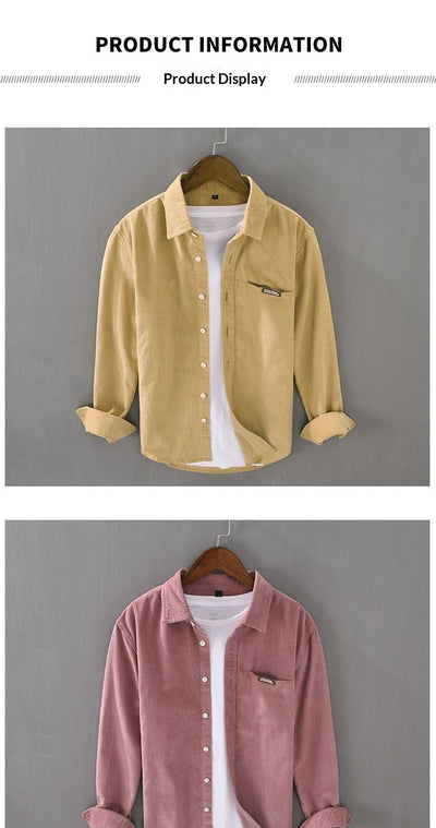 Camisa de Pana Manga Larga Estilo Japonés para Hombre - Colores Sólidos Primavera Otoño - Image 13