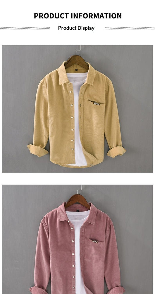 Camisa de Pana Manga Larga Estilo Japonés para Hombre - Colores Sólidos Primavera Otoño - Image 13