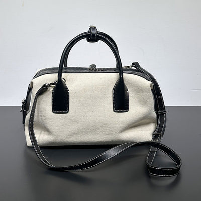 Bolso Casual de Cuero Bowling con Contraste de Lino Premium - Image 6