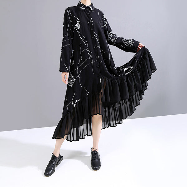 Vestido Suelto de Chifón Negro con Volantes para Mujer