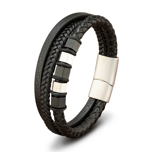 Pulsera de Cuero Trenzado Multicapa para Hombre con Acero Inoxidable - Image 14