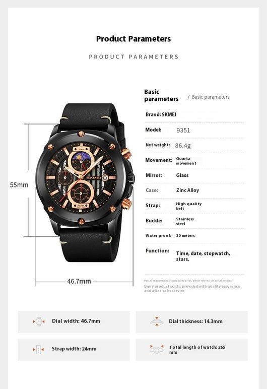 Reloj de Hombre Cuero con Tres Esferas y Seis Agujas - Cuarzo Premium - Image 9